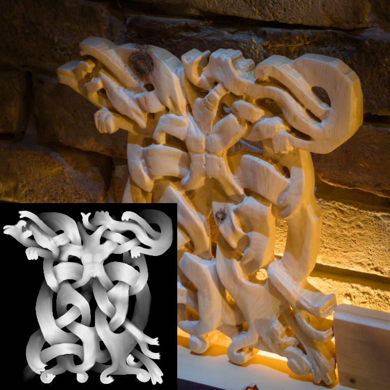 Detailed heightmap of a Celtic scene and the wood art object milled from it.
