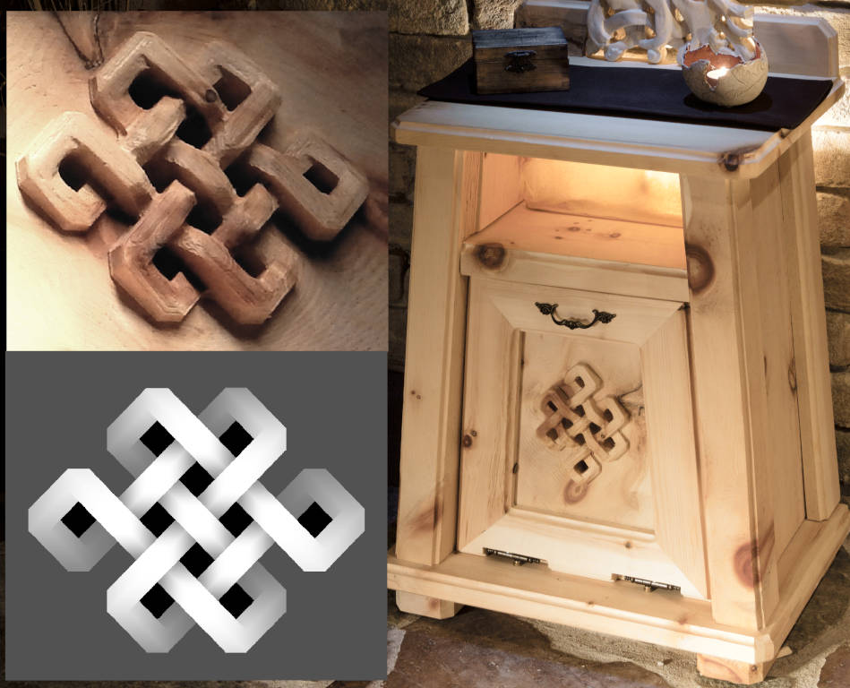 Milled piece of furniture with Celtic knot and representation of the graphic pattern