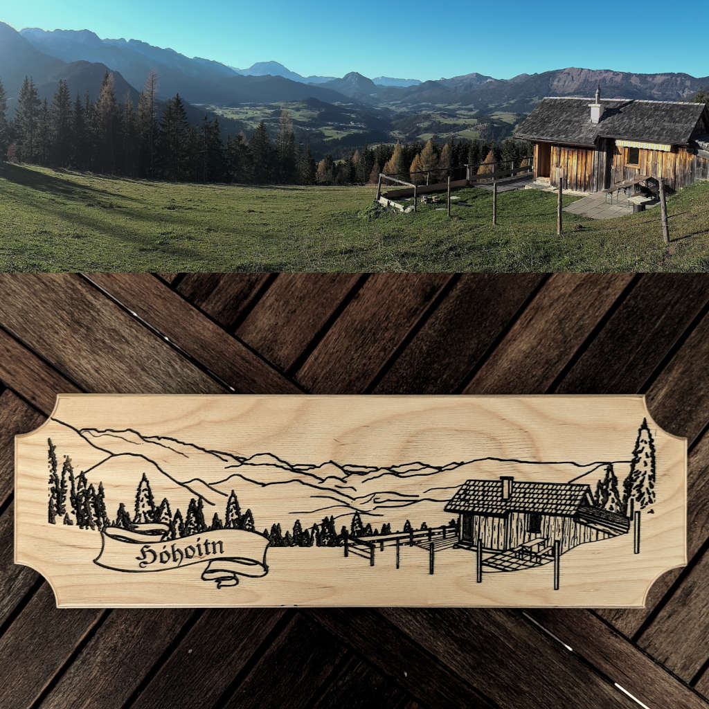 Photo of an alpine hut, below a photo of an engraved wooden plate with the same motif as lineart.
