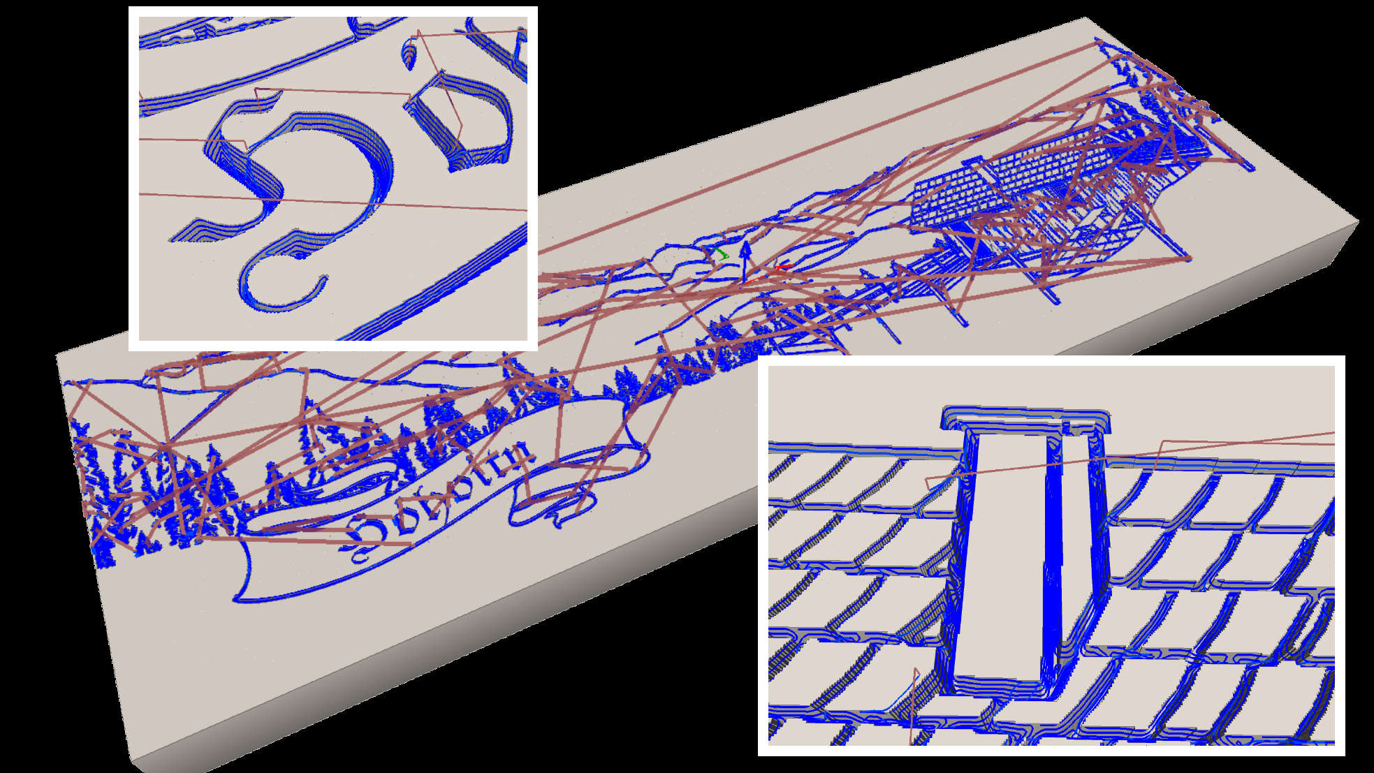 Collage shows screenshots of tool paths for an engraving of an alpine hut.