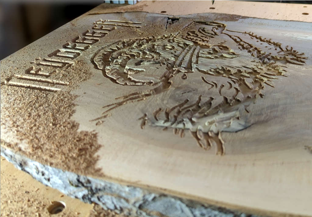 Engraving of a goat drinking beer during the milling process.