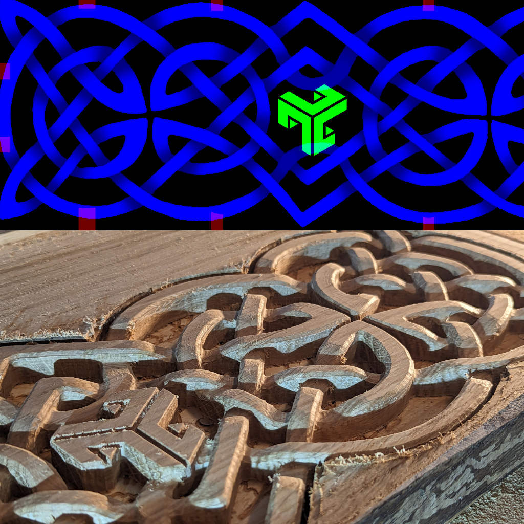 Graphic of a Celtic ornament and photo of the piece made from it.