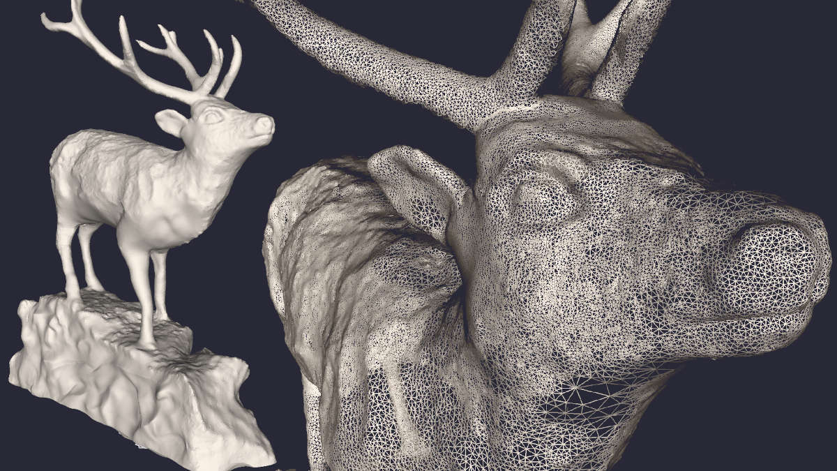 The illustration shows a deer as an ultra-high resolution 3D model from a 3D scan.