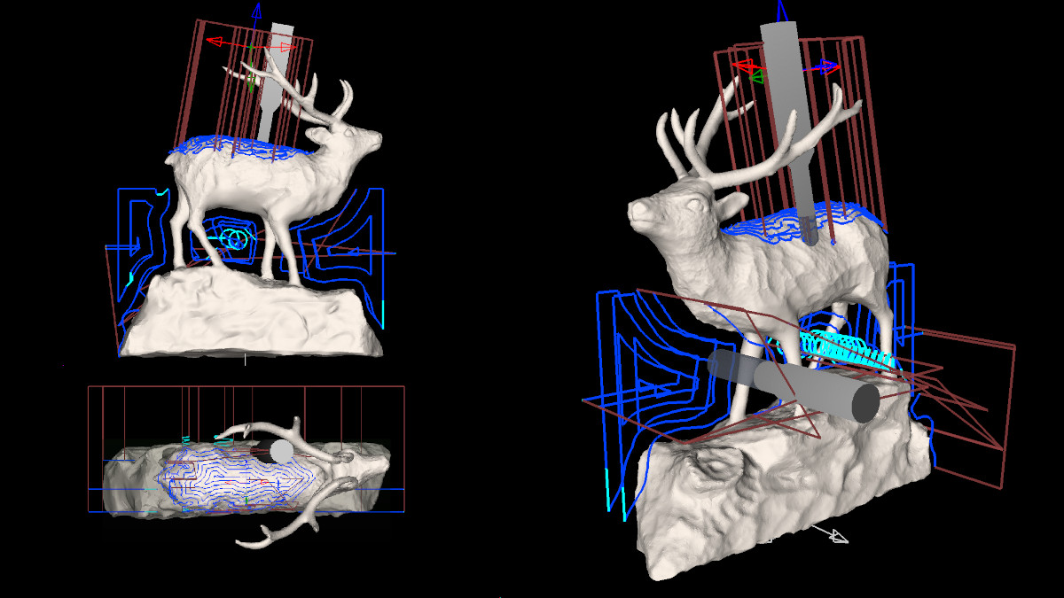 NC-Szene aus verschiedenen Perspektiven zeigt einen Hirsch als 3D-Modell und darauf angewendete Werkzeugwege aus verschiedenen Richtungen.