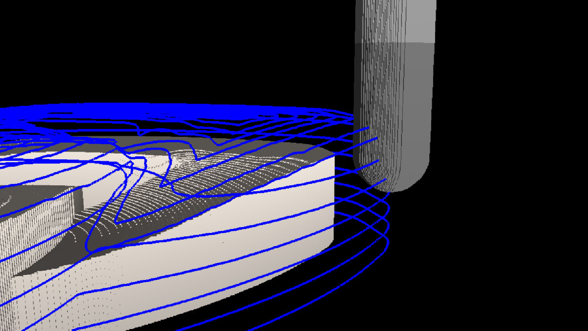 The figure shows toolpaths that have a clear distance to the model geometry.