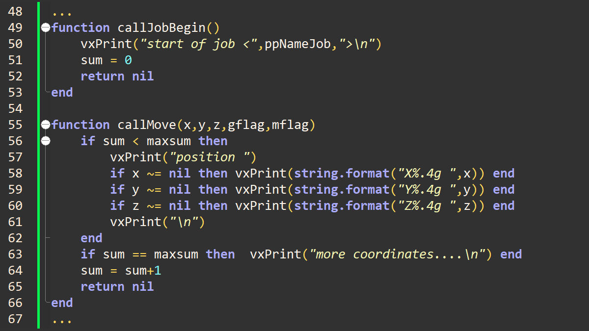 Die Abbildung zeigt einen Ausschnitt aus dem Lua-Skriptcode eines VxCraft Postprozessors.