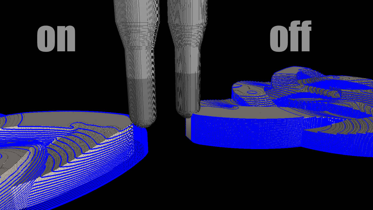 Die Abbildung zeigt zwei identische Modelle mit unterschiedlichen Werkzeugwegen und darauf positionierten Fräswerkzeugen. Beim linken Modell liegt die Werkzeugschneide am Modell an, während das Werkzeug beim rechten Modell bis zum Radius in die Modellgeometrie eindringt. 