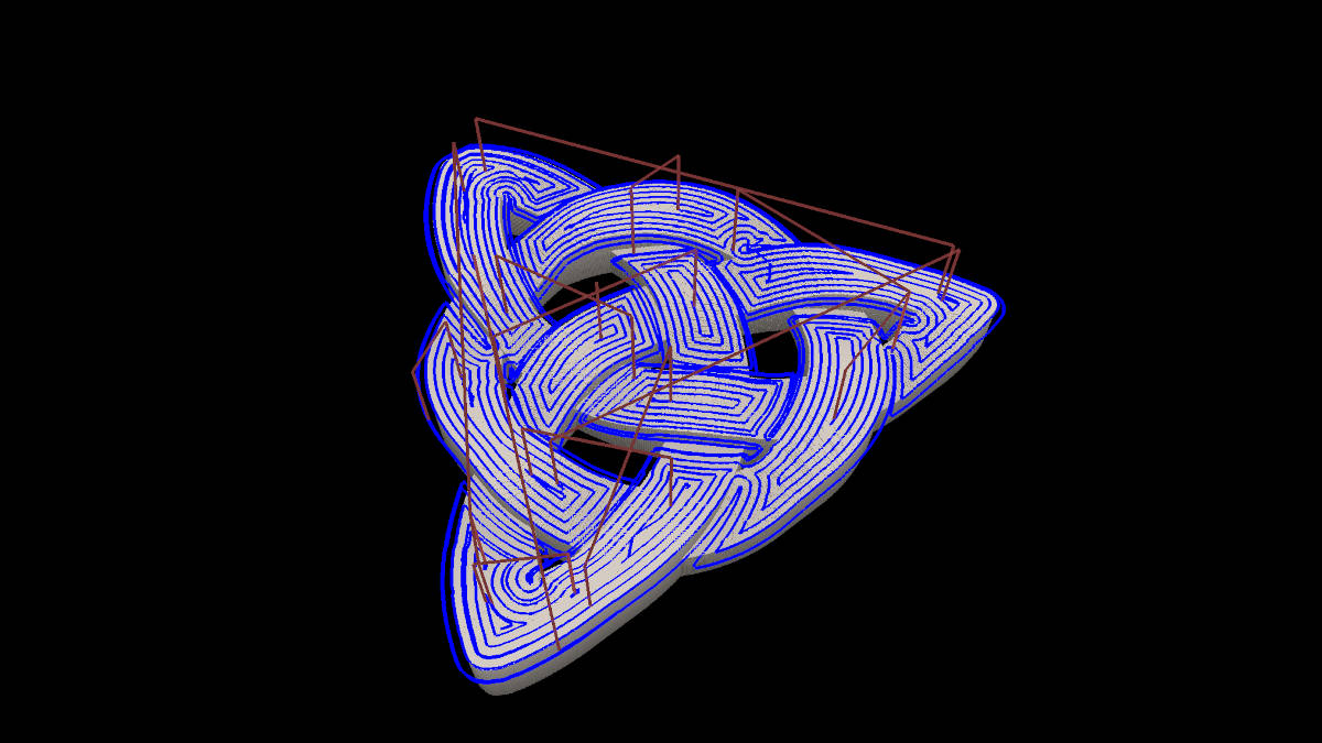 3D model of a triskele with toolpaths of the 3xShape strategy for 3-axis simultaneous machining.