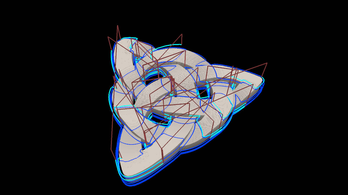 3D-Modell einer Triskele mit Werkzeugwegen für das Konturfräsen.
