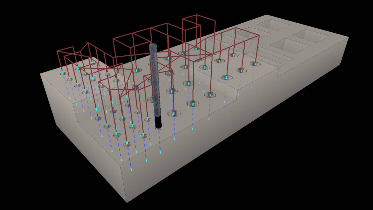 3D-Modell eines Blocks mit zahlreichen Bohrlöchern und Werkzeugwegen zum Bohren.