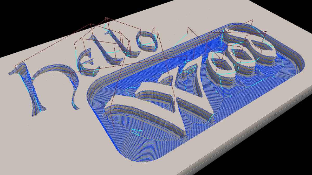 3D model of the lettering 'Hello Wood' with tool paths for engraving.
