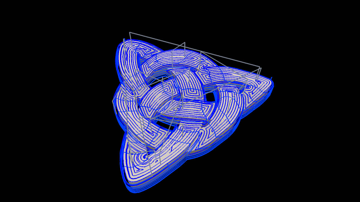 3D model of a triskele with toolpaths from combined milling strategies.