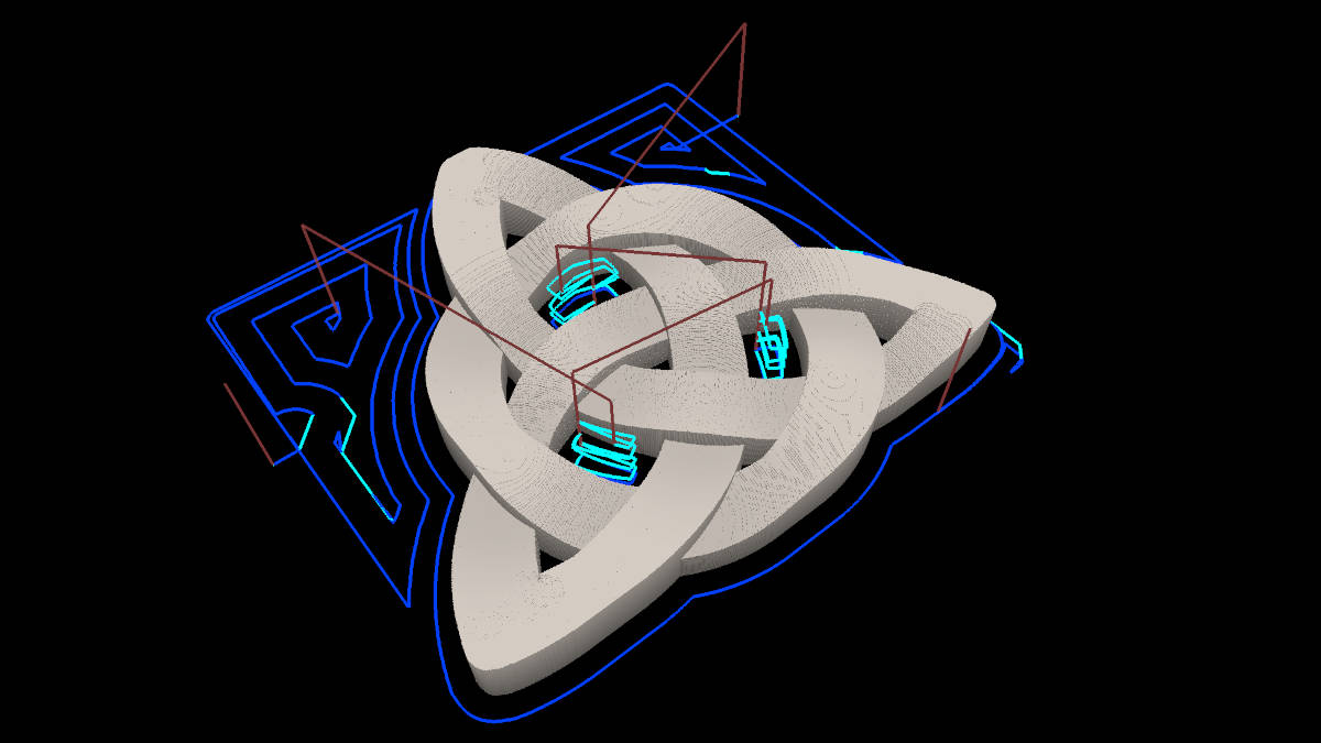 3D-Modell einer Triskele mit komplexen Werkzeugwegen für das Schruppen.
