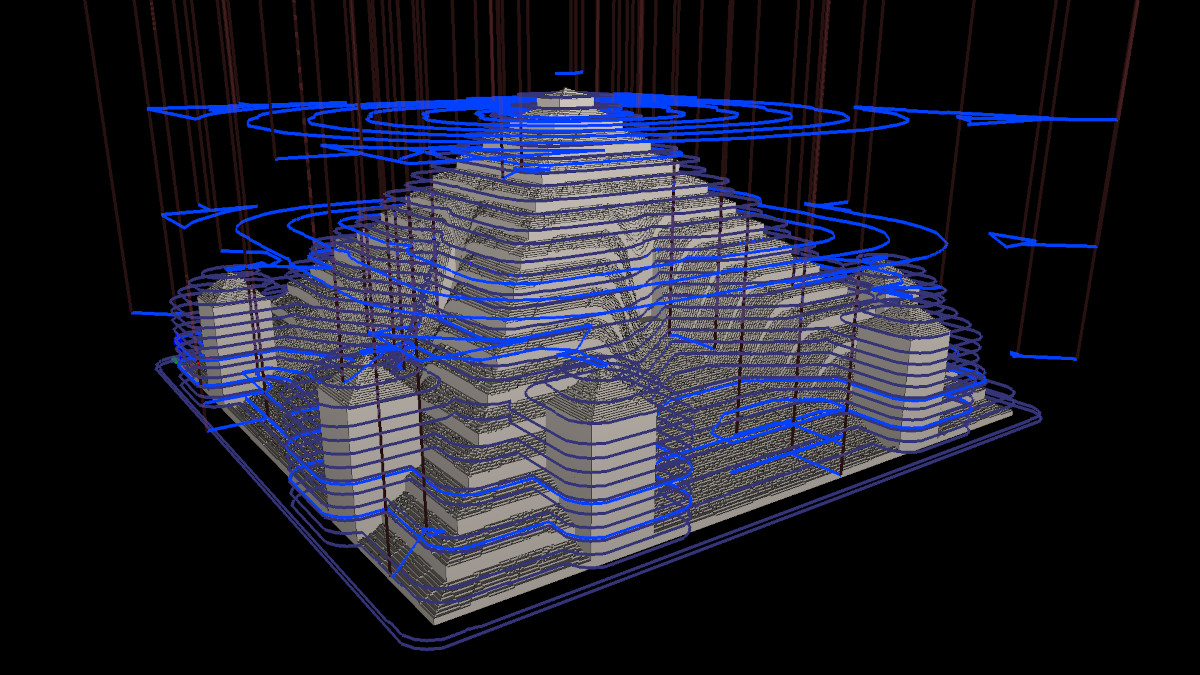 3D-Modell einer Pyramide mit komplexen Werkzeugwegen für das Schruppen mit Microsteps.