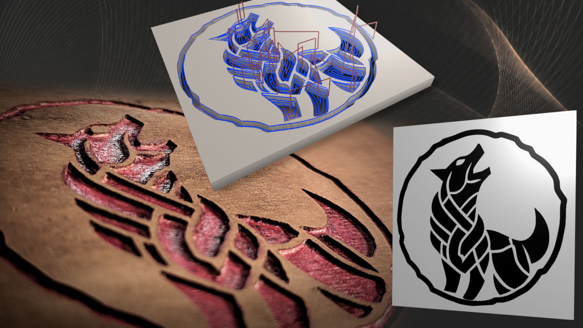 Collage zeigt ein Logo in Form eines Wolfes als Grafik, als 3D-Modell und als gefrästes (graviertes) Kunstwerk.