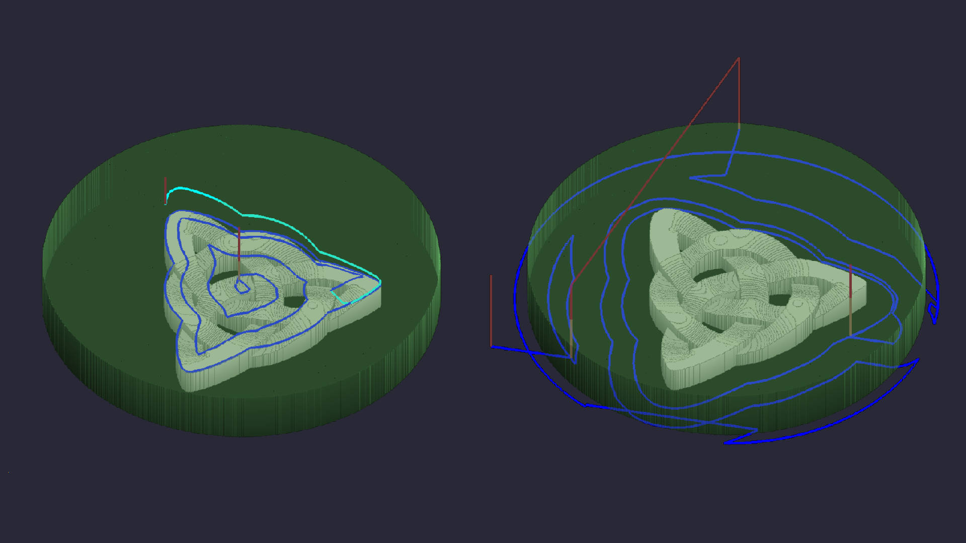 Die Abbildung zeigt zwei identische Modelle. Im linken Modell sind die Werkzeugwege nur innerhalb des Modellbereichs sichtbar. Im rechten Modell sind die Werkzeugwege nur außerhalb der Modellgeometrie.